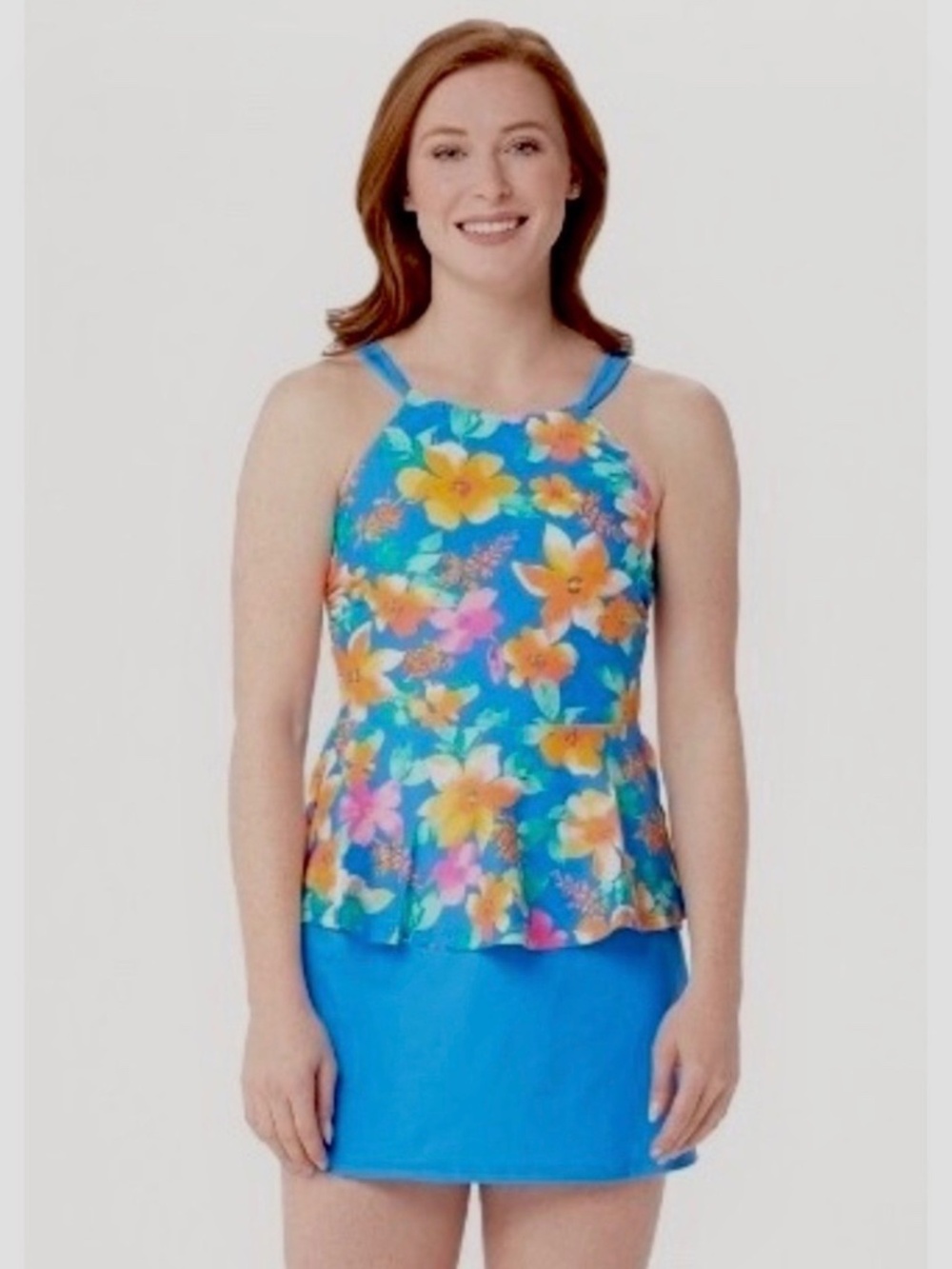 Isaac Mizrahi Cornflower Blue Tropical Floral 2 piece Tankini & Skirt 14 NWOT - Picture 6 of 7